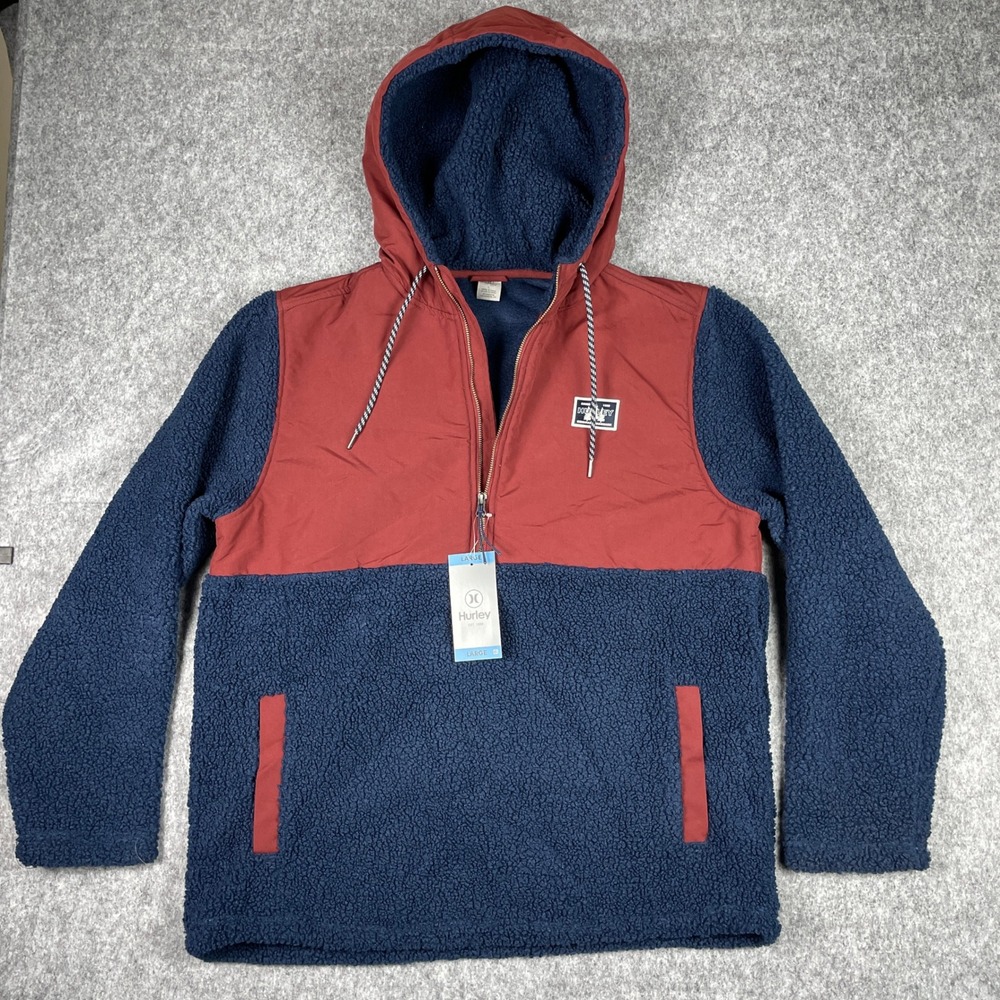 Hurley Hoodie Mens Large Obsidian Red Sherpa Fleece Quarter Zip Pullover NEW